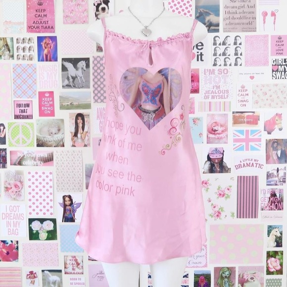 Dresses & Skirts - y2k la senza pink satin graphic slip dress size M
